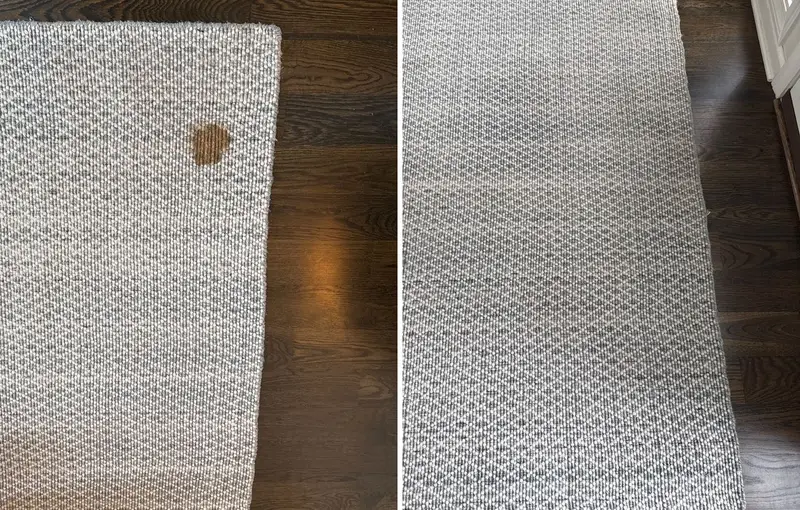 Gray woven rug with a brown stain near the edge, then the same rug with the stain gone