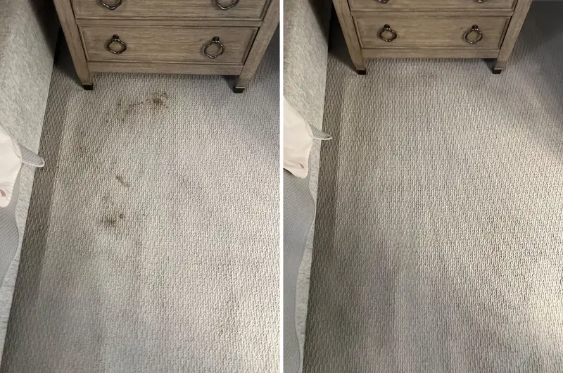 Light gray carpet beside a nightstand with brown spots and dark patches, then the same spot with the spots gone