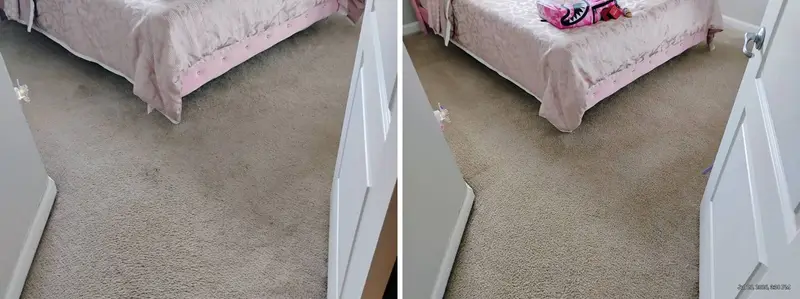 Beige carpet in a child's bedroom with gray dirty areas by the door, then the same view with cleaner, lighter carpet