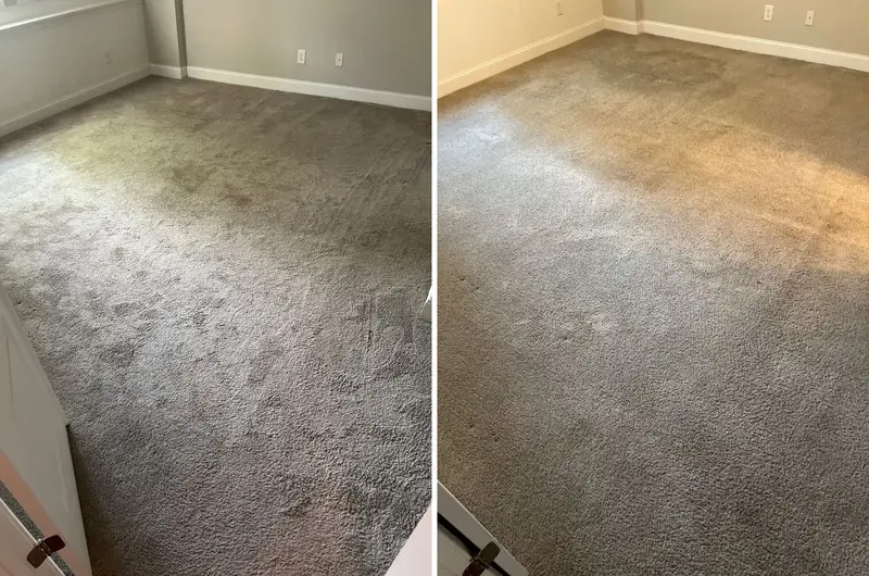 Gray bedroom carpet with dark footprints and worn patches, then the same room with lighter, more even carpet