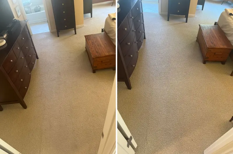 Bedroom with cream looped carpet, a dresser and a wooden chest, then the same view with brighter-looking carpet