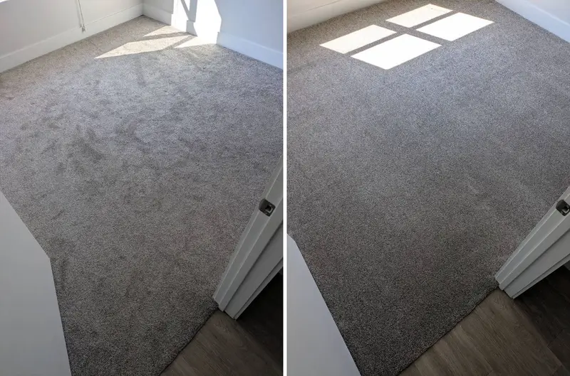 Empty room with gray carpet showing dark footprints and traffic marks, then the same carpet even in sunlight