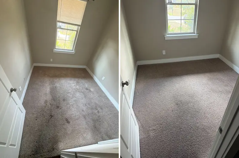 Small empty bedroom with dark spots and gray traffic paths on tan carpet, then the same carpet clean and even