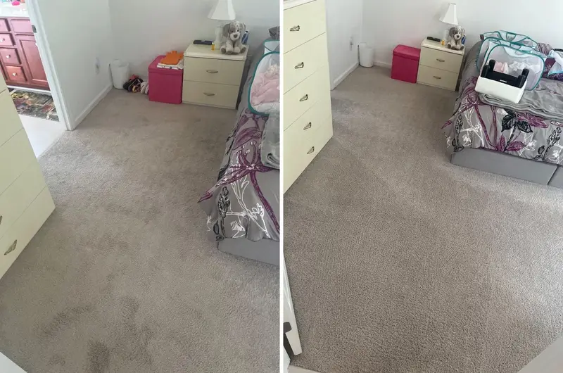 Bedroom carpet with dark soiled patches near a dresser and bed, then the same room with clean, even carpet