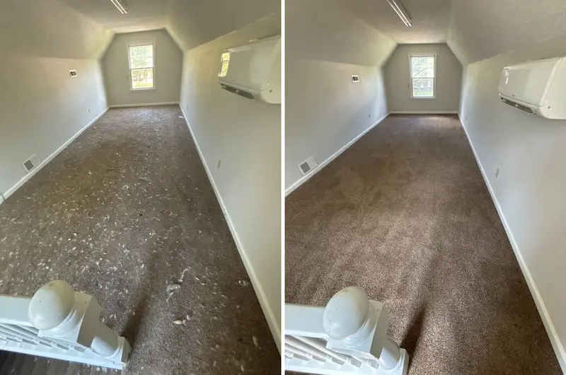 Long attic room with brown carpet covered in white fluff and debris, then the same carpet clean
