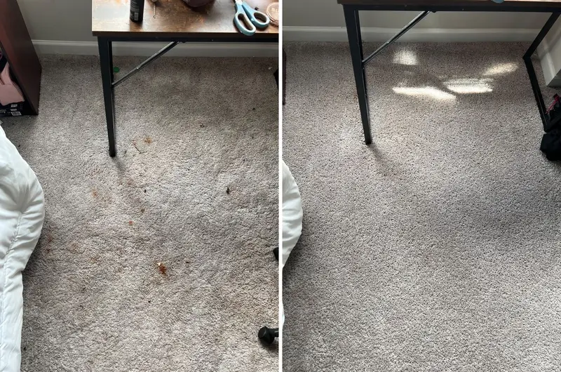 Bedroom carpet by a desk with orange-brown spots, then clean carpet with almost all the spots gone
