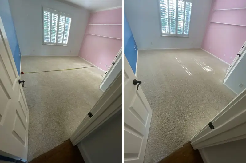 Empty bedroom with pink and blue walls and dingy cream carpet, then lighter, cleaner carpet