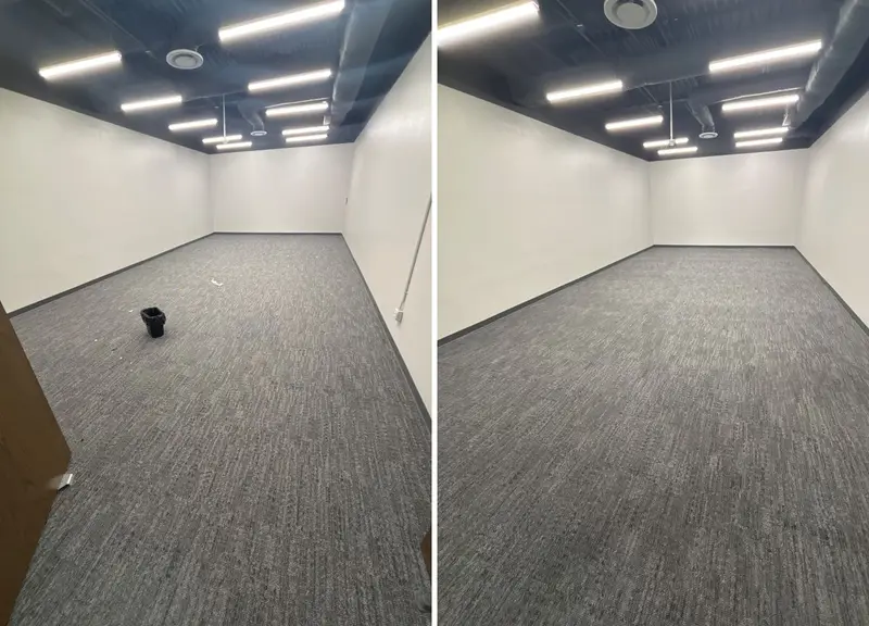 Empty office room with gray carpet, a trash can and scattered debris, then the same room clean and clear