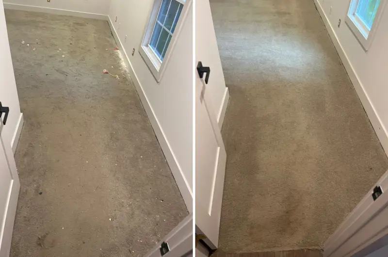 Empty room with tan carpet scattered with bits of debris, then the same room with lighter carpet and no debris