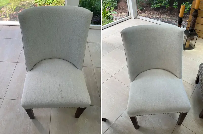Light gray upholstered chair with dark marks on the seat and back, then the chair looking clean and even