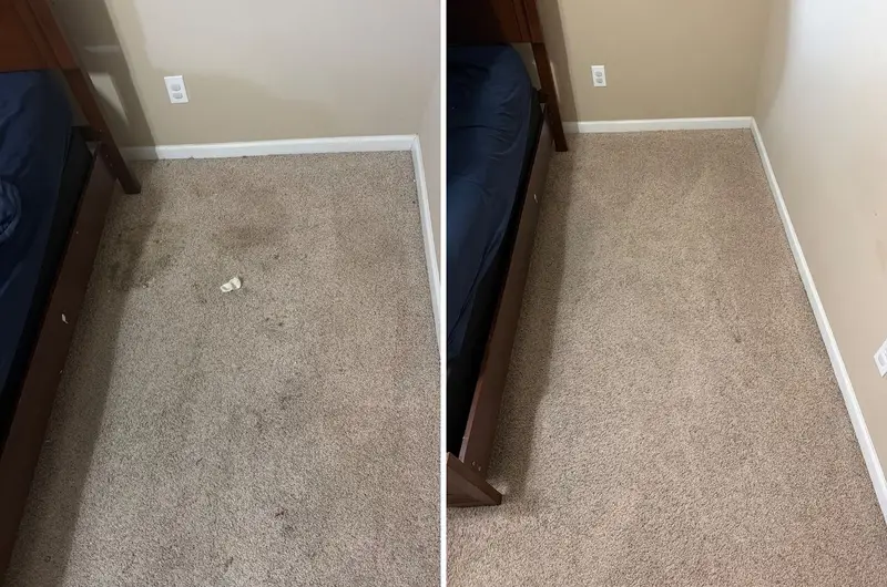 Beige carpet in a bedroom corner with dark spots and grey soil by the bed, then the same corner clean and even