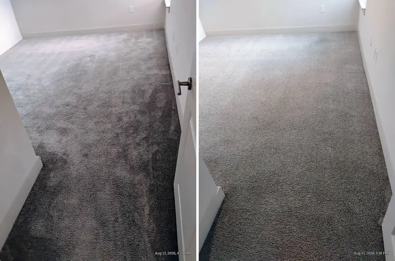 Empty room with dark, shaded gray carpet beside a door, then the same room with even light gray carpet