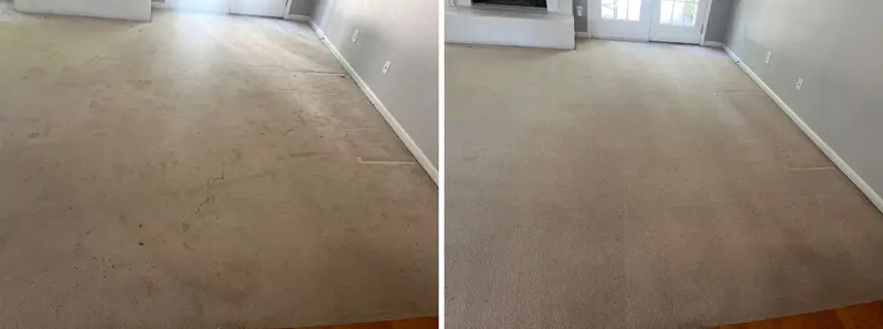 Living room with worn, spotted beige carpet by a fireplace, then clean even carpet in the same room