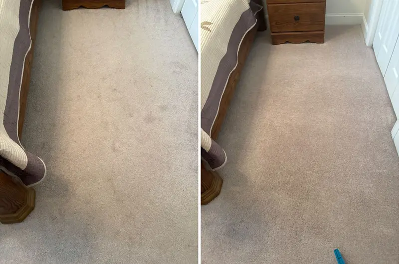 Beige carpet beside a bed and nightstand dotted with small dark spots, then the same carpet clean and even