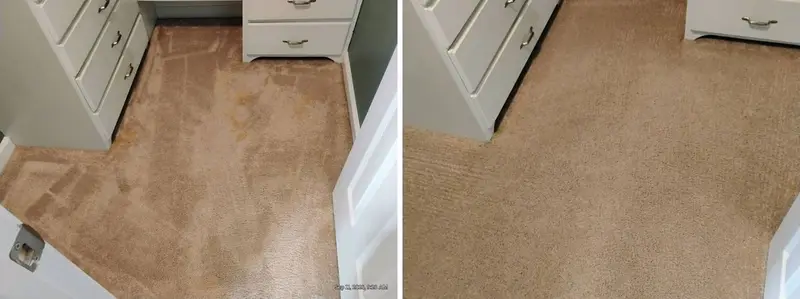 Carpet by white drawers with orange-brown stains and gray traffic lanes, then the same spot clean and even
