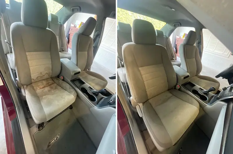 Car front seat with large brown stains on the cushion and back, then the same seat with the stains lifted