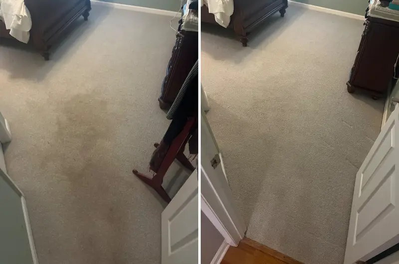 Bedroom carpet with a large brown stain in the middle, then the same bedroom with even, clean carpet