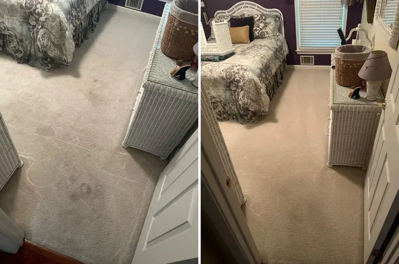 Light gray bedroom carpet with stains by a wicker dresser, then clean beige carpet