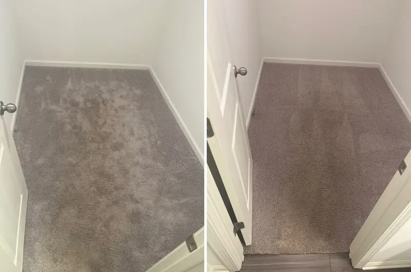 Small closet with gray carpet covered in dark blotches, then the same closet with cleaner carpet