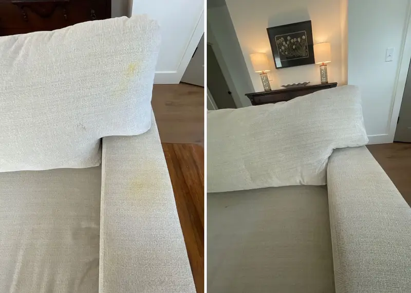White sofa arm and back cushion with yellow stains, then the same cushions clean and bright