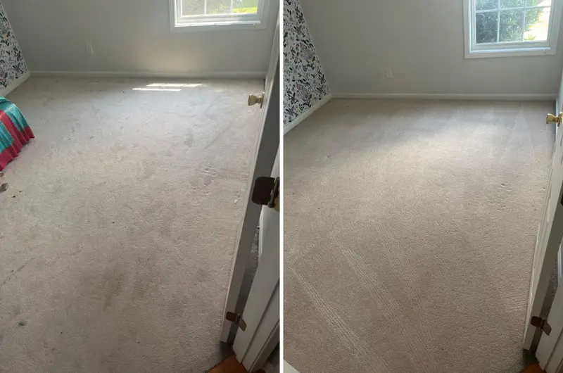 Bedroom with floral wallpaper and dirty cream carpet with debris, then the same room with clean groomed carpet