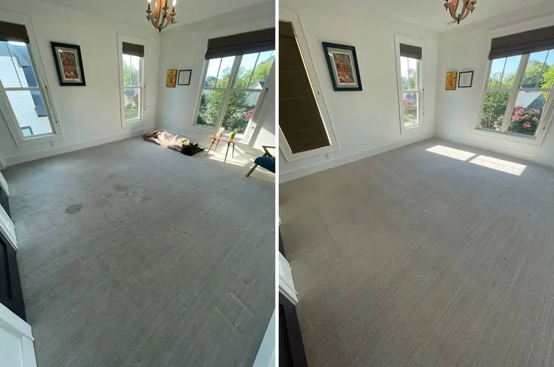 Bright room with dark spots on gray carpet and a blanket on the floor, then the empty room with even carpet