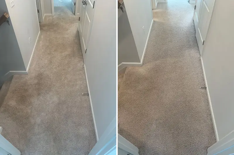 Hallway carpet with darker gray-brown traffic patches, then the same hallway in an even light gray