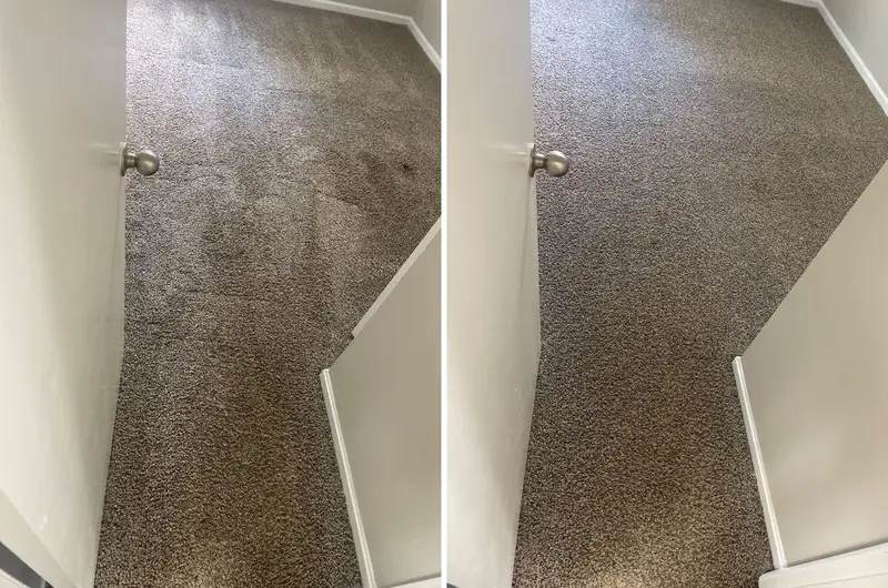 Brown speckled carpet by a door with a dark stain and uneven streaks, then one even brown color