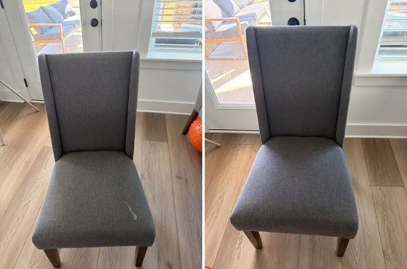 Gray upholstered dining chair with a pale streak on the seat, then the same chair with a clean, even seat