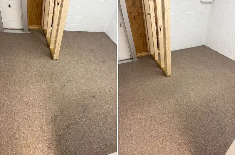 Brown low-pile carpet with dark smudges beside wood wall framing, then the same carpet clean and even