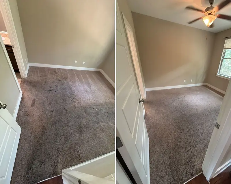 Small empty bedroom with dark stains and gray traffic marks on the carpet, then the same carpet clean and even