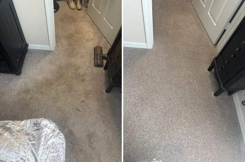 Beige carpet by a closet door with a large brown soiled patch and drips, then the same spot clean and even