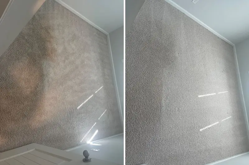 Light gray carpet seen from a steep angle with blotchy dark patches, then the carpet looking more even