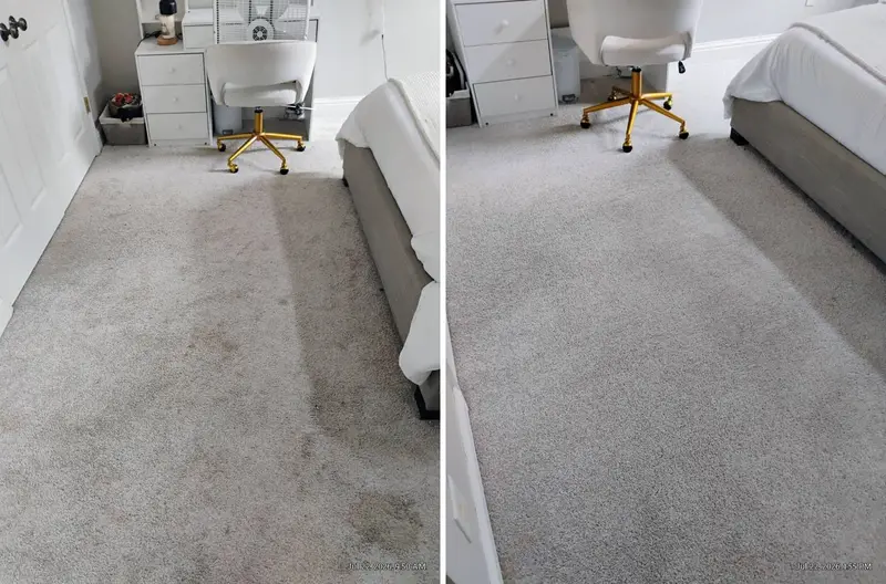 Light gray bedroom carpet with a dark walking lane and stains, then the same carpet clean and even