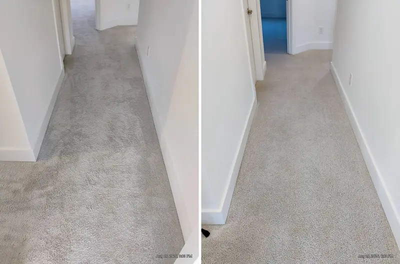 Light gray hallway carpet with dark blotchy soil patches, then the same hallway with clean, even carpet