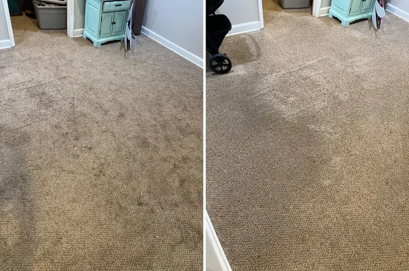 Tan carpet by a teal cabinet with dark soil spots and speckles, then the same spot looking lighter and cleaner