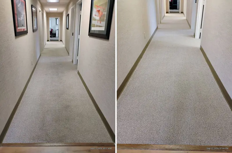 Office hallway carpet with a dark worn patch down the middle, then the same hallway with even light carpet