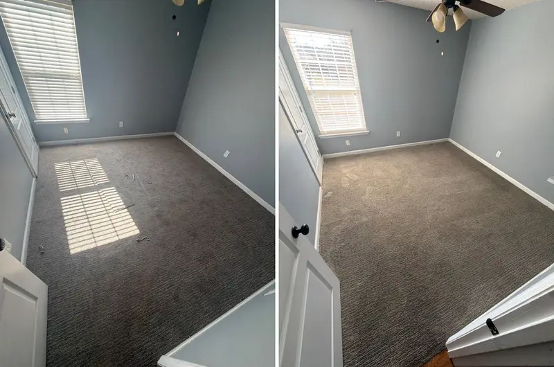 Empty bedroom with blue walls and dark textured carpet scattered with debris, then the same carpet clean