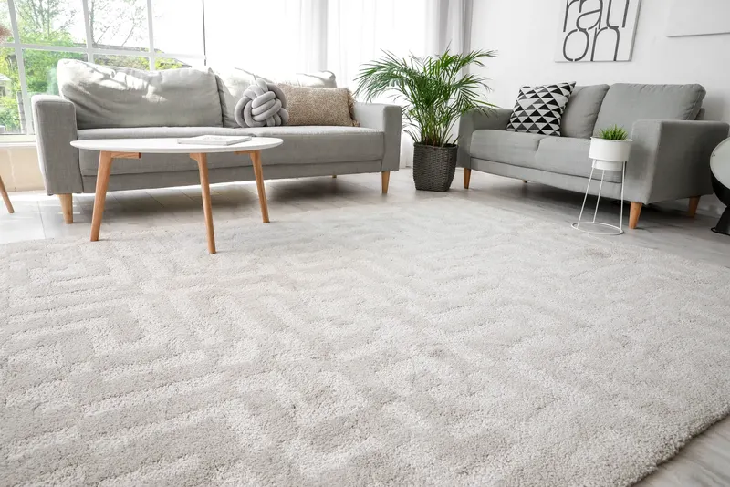 A living room with a patterned light carpet, sofas and a coffee table