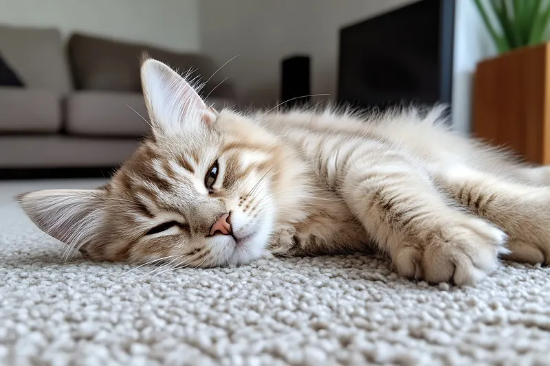 A tabby cat stretched out on soft light carpet