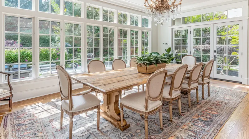 A dining room with a long table and chairs over an area rug