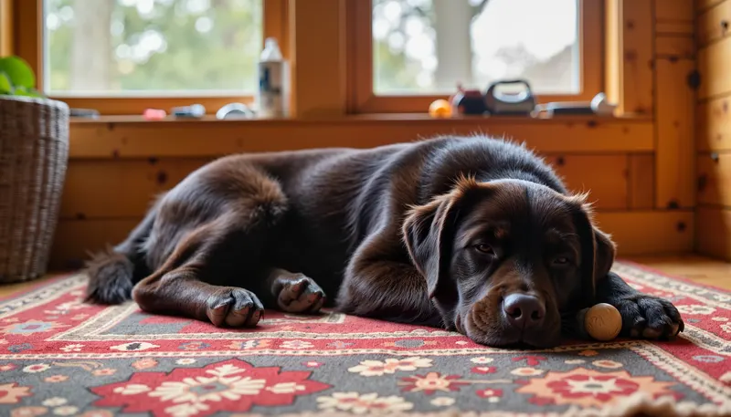 A black dog lying on a red rug