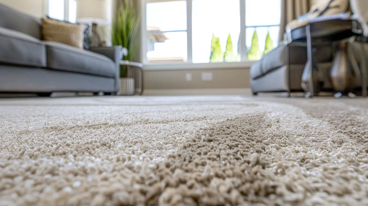 Low-angle view across clean carpet in a living room