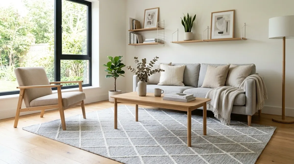 A bright living room with a white sofa and a patterned area rug