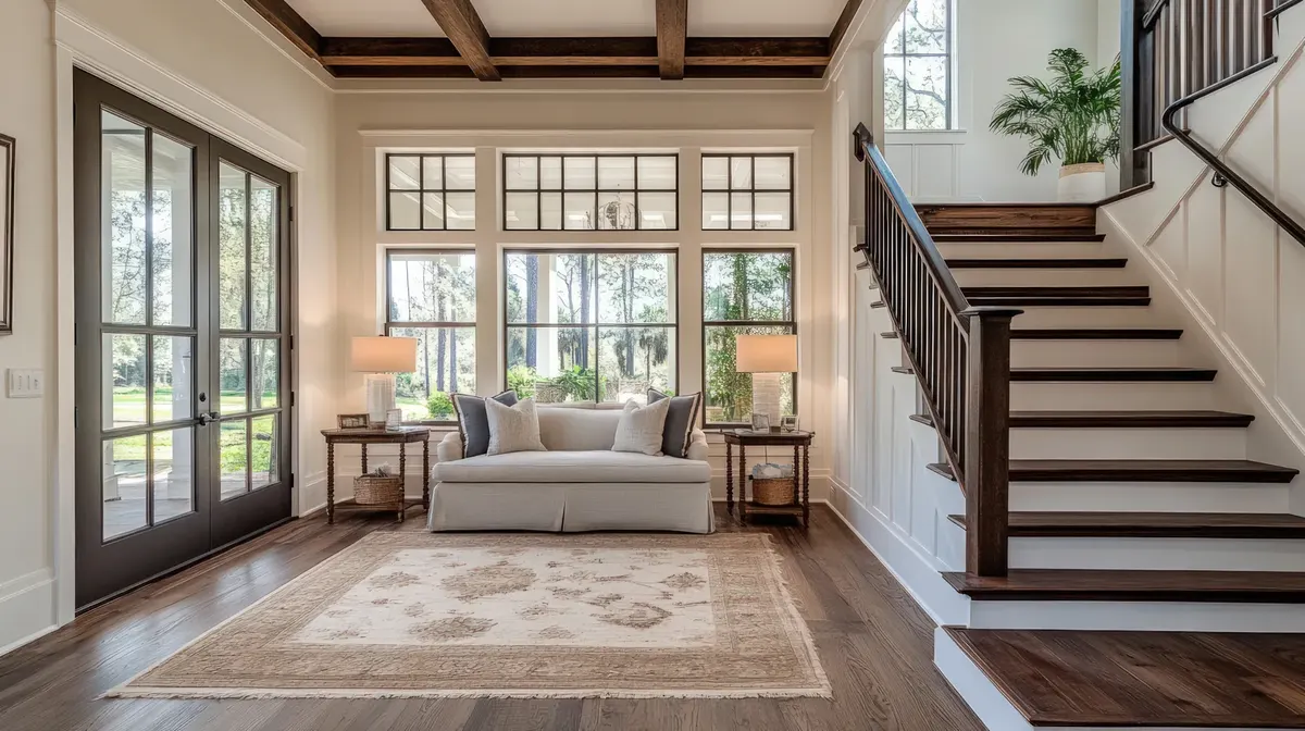 An entry room with a staircase and an area rug