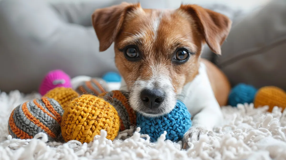 A puppy with toys on a clean white rug