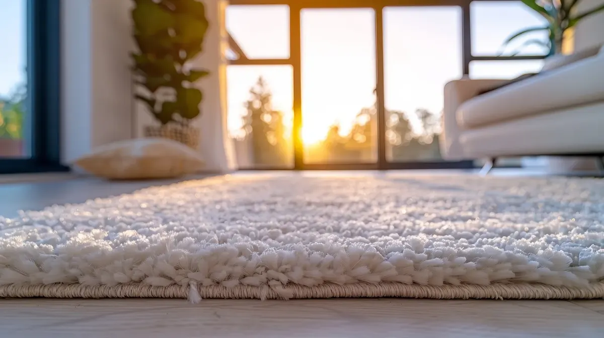 A plush area rug in evening sunlight