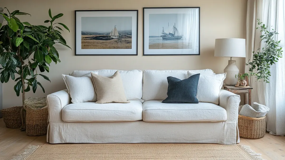 A white sofa in a bright living room