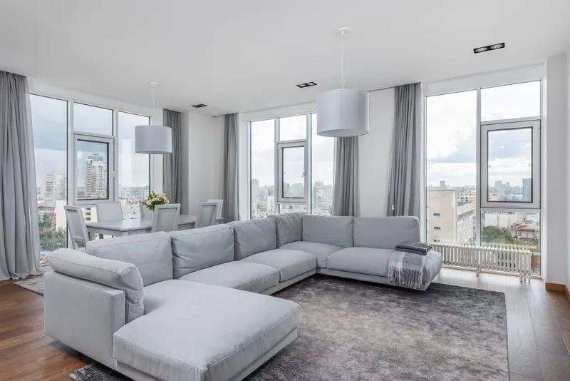 A high-rise apartment living room with a large gray area rug and city views through tall windows