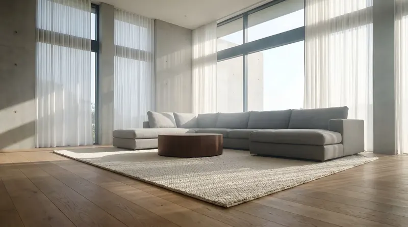 A bright, modern living room with a gray sectional on a large area rug